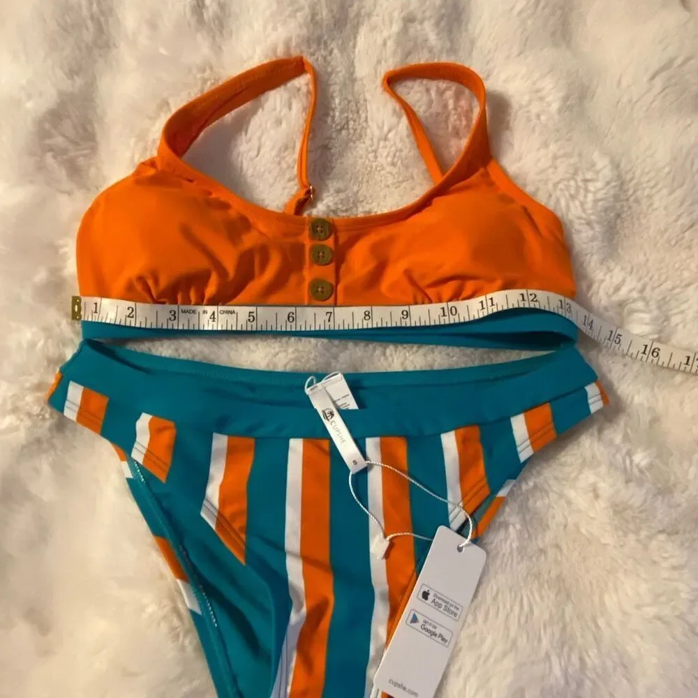 Cupshe Orange and Teal Striped Two-Piece Bikini Sz Small
